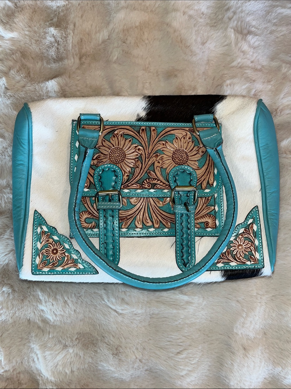 Turquoise Floral Tooled Leather Satchel - Women's Bag